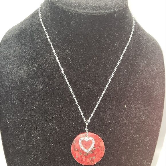 Repurposed Handcrafted Silver link chain with red stone and pink rhineston heart - Picture 6 of 9